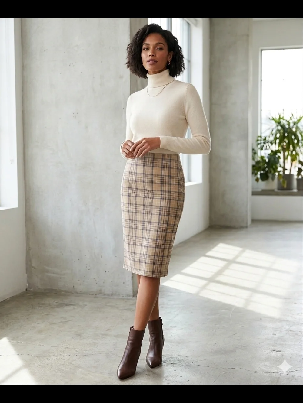 #89 - The Limited Stretch Plaid Pencil Skirt in Beige, Size 8 - Picture 1 of 5